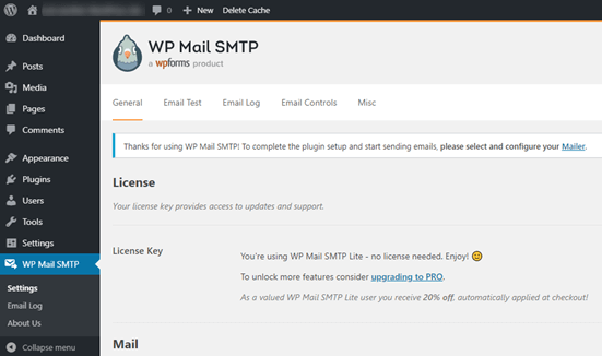 La page des paramètres SMTP de WP Mail dans votre tableau de bord WordPress