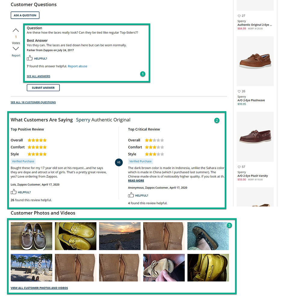 pages de produits zappos avec des exemples de contenu généré par l'utilisateur
