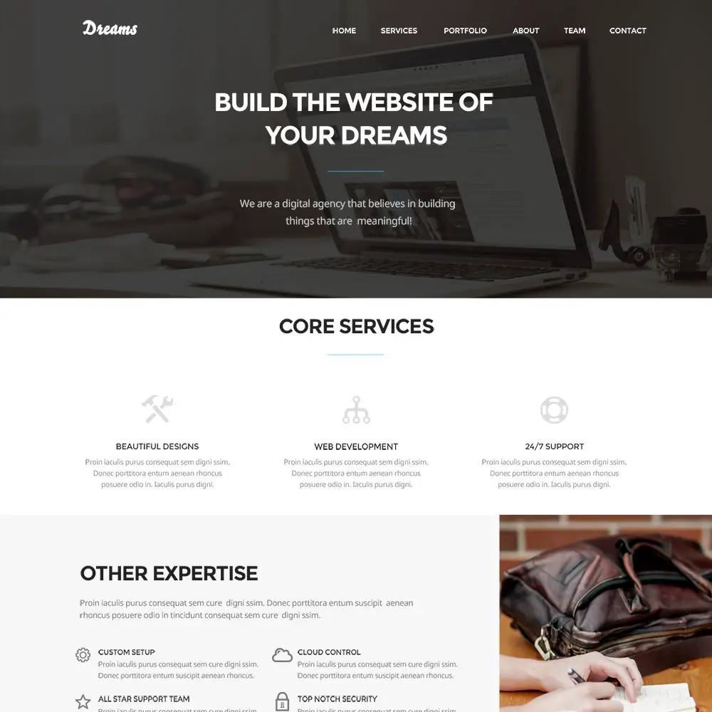 Dreams Free PSD One Page Templates