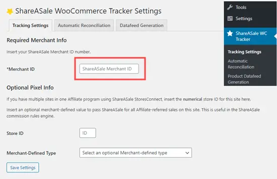 Lier le plugin ShareASale WooCommerce Tracker à votre compte ShareASale