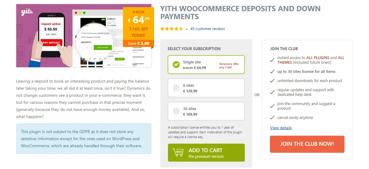 capture d'écran des plugins YITH WooCommerce Deposits 