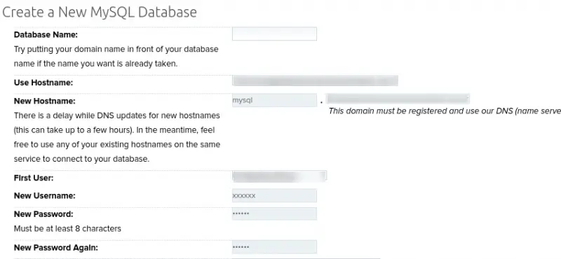 L'écran pour créer une nouvelle base de données MySQL.