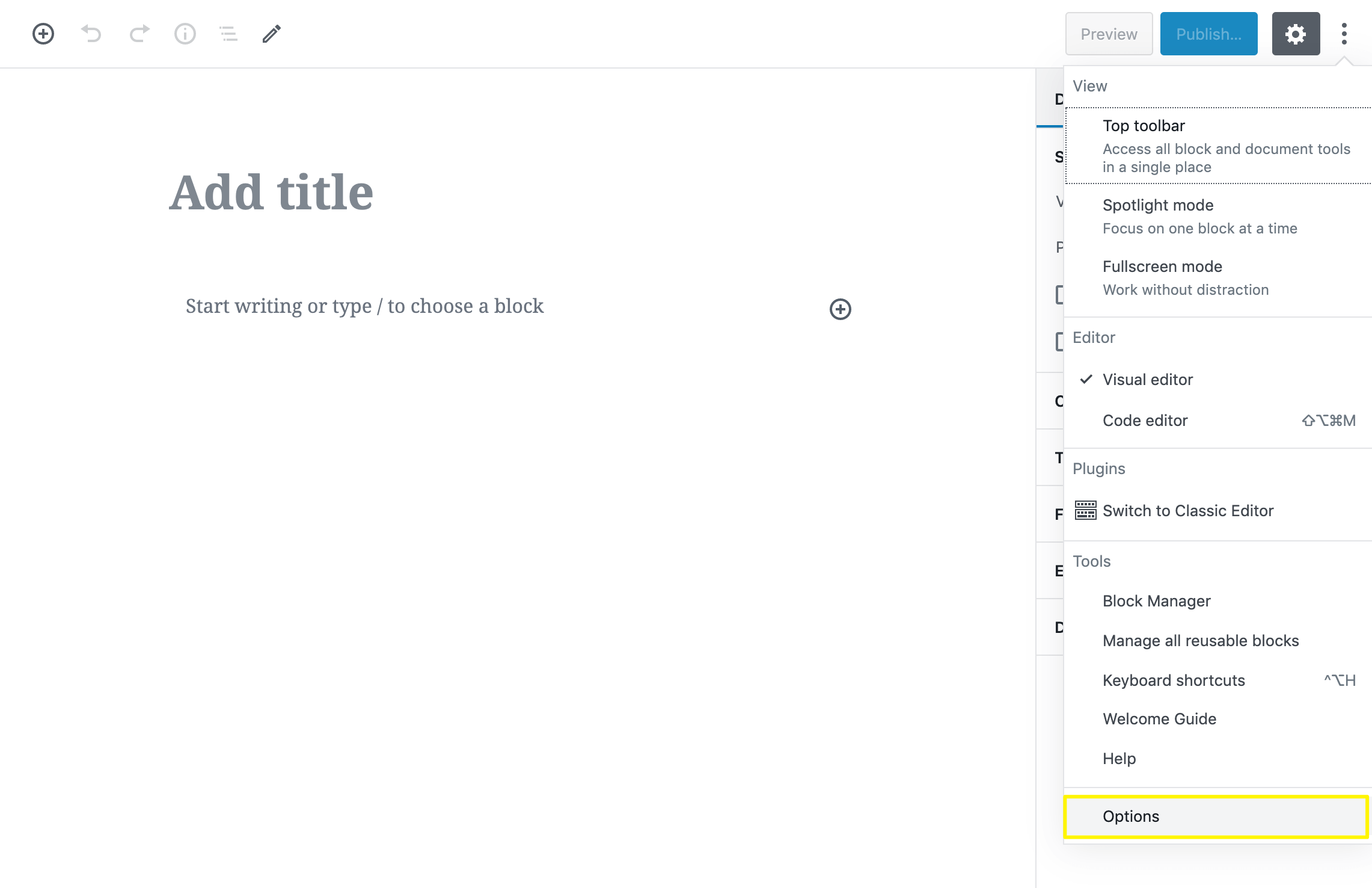 Ouverture des options de l'éditeur de blocs.