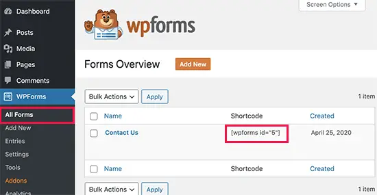 Shortcode du formulaire de contact WordPress à utiliser dans les articles et les pages