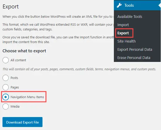 L'option Exporter les éléments du menu de navigation dans l'outil Exporter