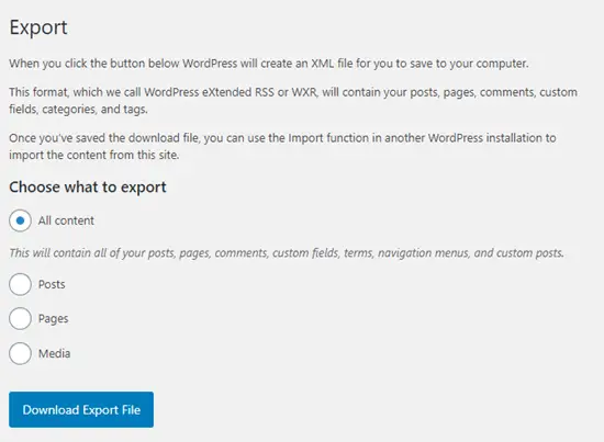 Les options d'exportation intégrées dans WordPress