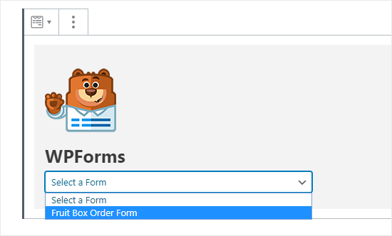 Sélection du formulaire souhaité dans la liste déroulante WPForms