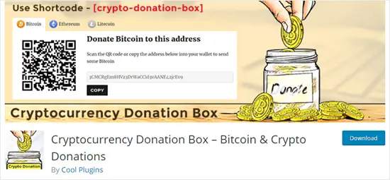 Le plugin de la boîte à astuces Cryptocurrency Donation Box sur le site WordPress