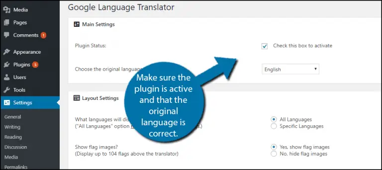 Case à cocher Google Translator vers le plugin actif