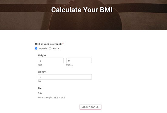 Aperçu d'un formulaire de calculateur d'IMC sur un site Web