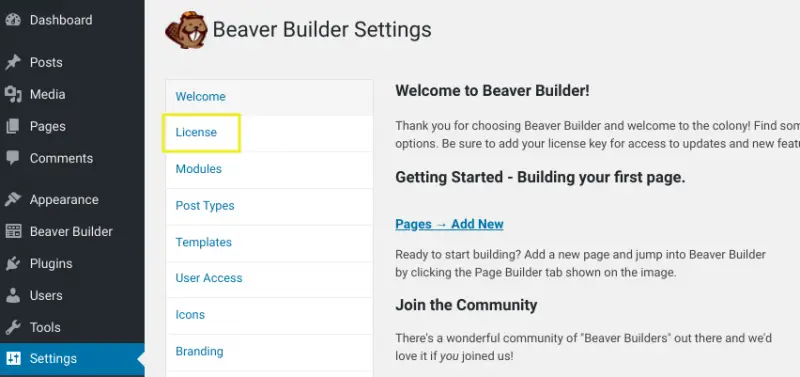 L'onglet licence de la page des paramètres de connexion du Beaver Builder.