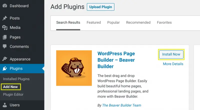 L'écran du plugin de l'administrateur WordPress.