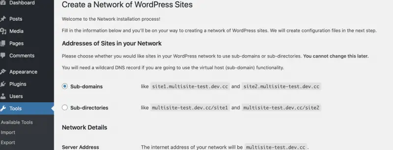 La page «Créer un réseau de sites WordPress»