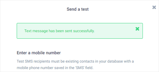 Confirmation de l'envoi réussi du SMS de test