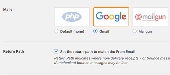 Sélectionnez Gmail et définissez le chemin de retour