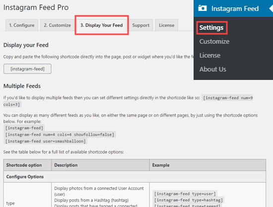 Paramètres d'affichage d'Instagram Feed Pro