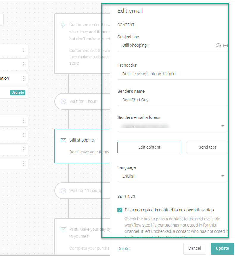 Options de modification des e-mails d'Omnisend pour le contenu et la langue