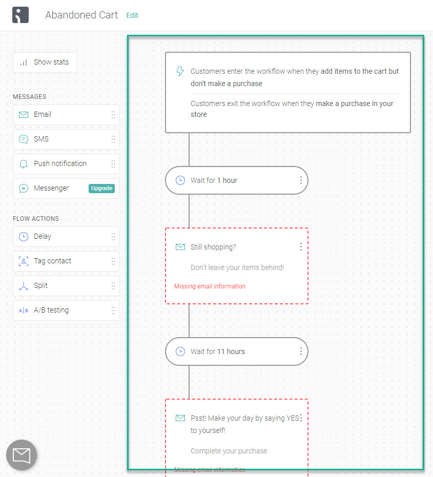 Flux de travail pour la planification des e-mails de panier abandonné avec Omnisend