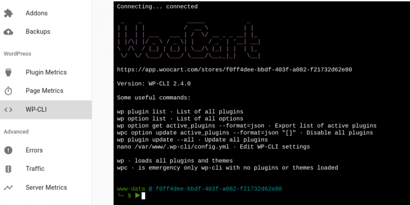 L'écran WooCart WP-CLI.