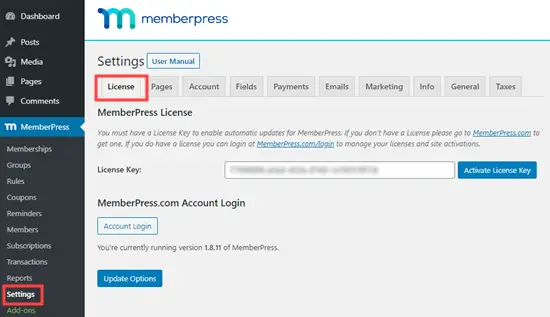 Entrez votre clé de licence MemberPress