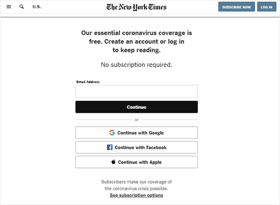 Le New York Times demande une adresse e-mail mais pas de paiement