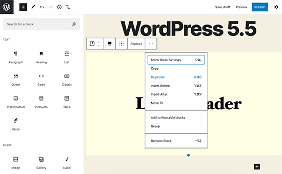 Modifications de l'interface utilisateur de l'éditeur de blocs dans WordPress 5.5