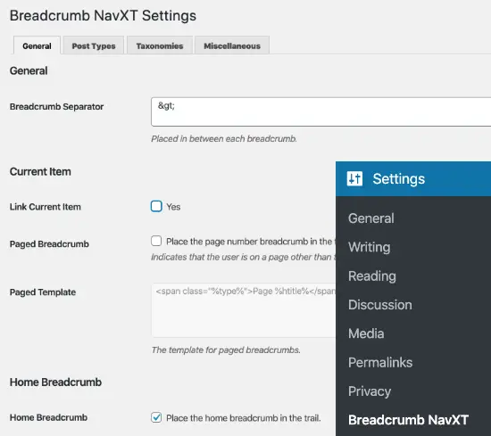 Page des paramètres du plugin Breadcrumb NavXT