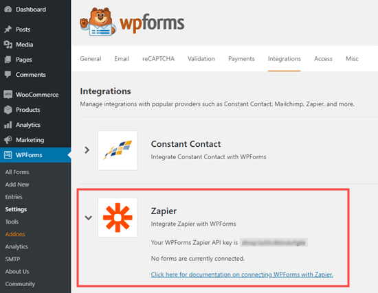 Obtenez votre clé API de WPForms à utiliser avec Zapier