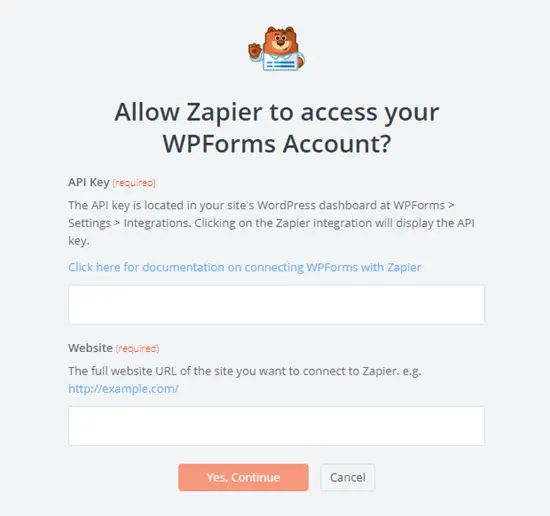 Entrez votre clé API à partir de WPForms et l'URL de votre site Web