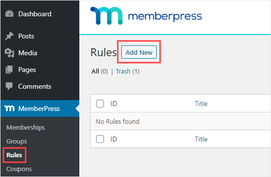Cliquez sur le bouton Ajouter nouveau pour créer une nouvelle règle