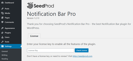 Saisie de votre clé de licence pour Notification Bar Pro