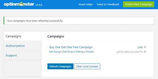 Votre campagne OptinMonster doit être répertoriée dans votre tableau de bord WordPress