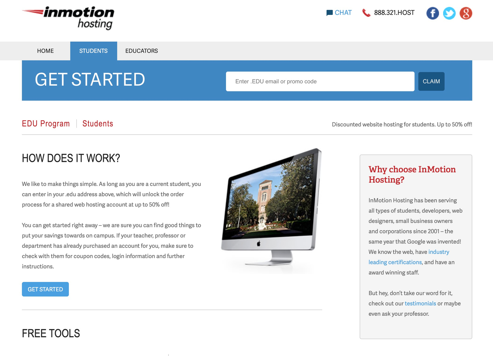 The details for InMotion's student discounted hosting