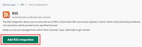 Click the button to continue setting up the RSS integration