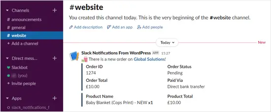 The Slack notification for a new order in WooCommerce