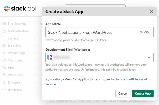 Name your app and select a workspace
