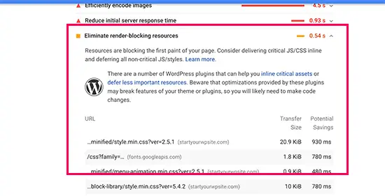 Problème de blocage de rendu mis en évidence dans Google Pagespeed Insights