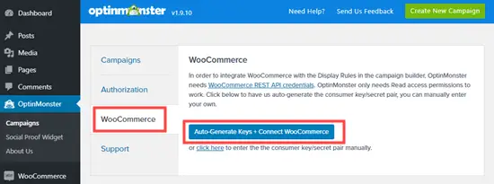 Autogenerate the WooCommerce keys to connect OptinMonster and your WooCommerce store