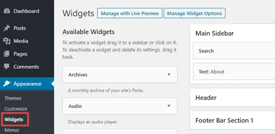 La section widgets de l'admin WordPress