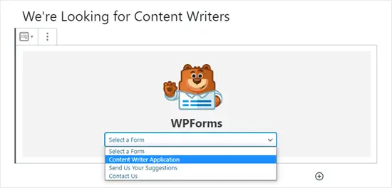 Sélection de votre formulaire dans la liste déroulante WPForms