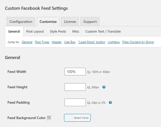 Les options de personnalisation du plugin Custom Facebook Feed
