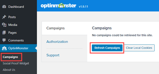Cliquez sur le bouton Actualiser les campagnes pour voir votre nouvelle campagne répertoriée dans votre administrateur WordPress