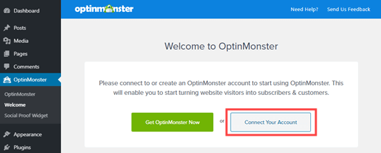 Cliquez sur le bouton pour connecter votre compte OptinMonster à votre site WordPress