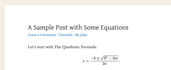 Une équation mathématique affichée dans WordPress en utilisant LaTeX