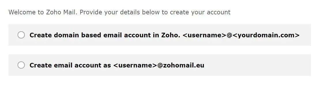 Options de domaine de messagerie gratuites Zoho.