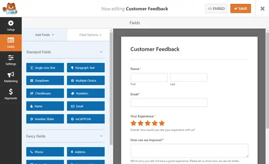 The Survey template in the WPForms editor
