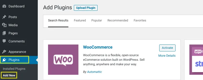 L'écran pour ajouter le plugin WooCommerce dans WordPress.