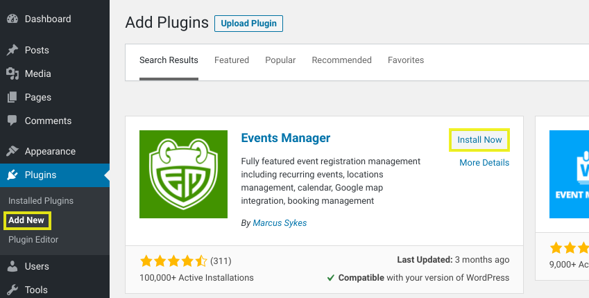 L'écran pour ajouter un nouveau plugin de gestion d'événements dans WordPress.
