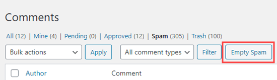 Vider le spam pour supprimer définitivement tous les commentaires de spam