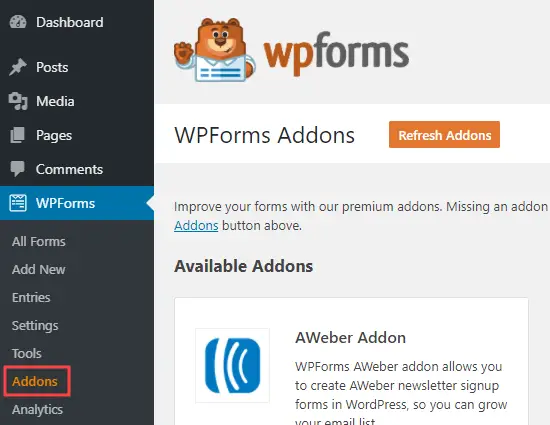 La page des addons WPForms dans votre administrateur WordPress